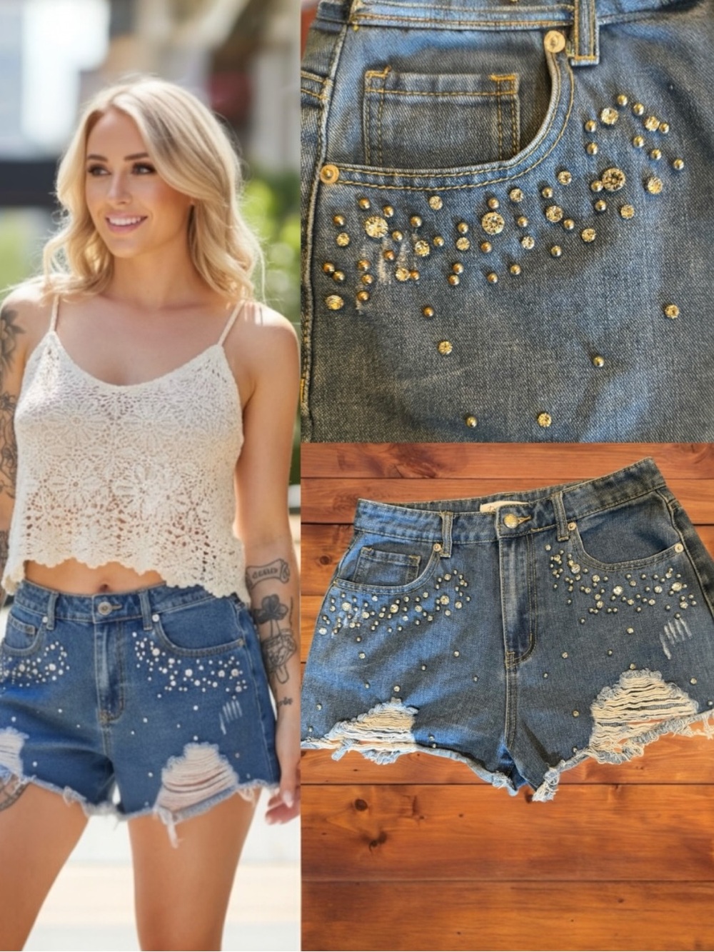 Denim Blvd Rhinestone Studded Embellished Distressed Festival Jean Shorts Medium